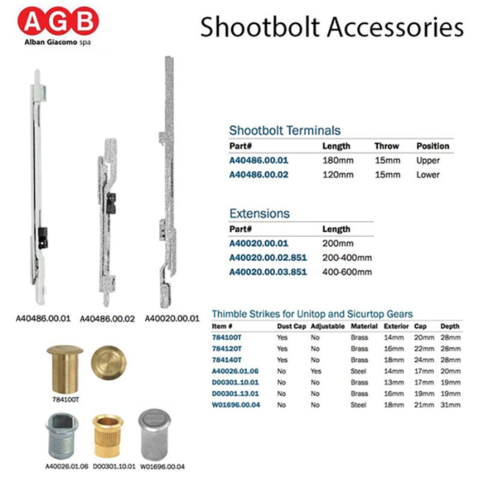 AGB Unitop Terminal Shootbolt – 180mm, Silver, No Cam