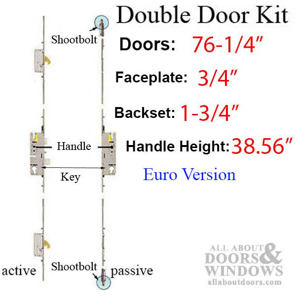 Winkhaus Multipoint Lock Replacement for 76-1/4" Double Doors – 45mm Backset, Euro Cylinder