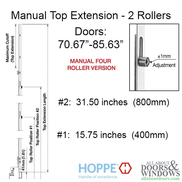 Hoppe Manual Top Extension – 2 Roller for 4 Roller System, 16mm Faceplate