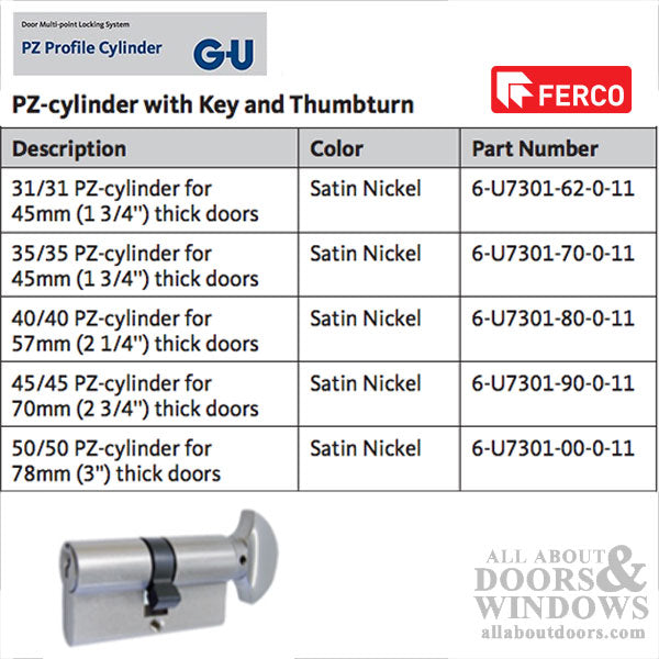 G-U/Ferco Euro Profile Cylinder for 3" Doors – 50/50, Satin Nickel