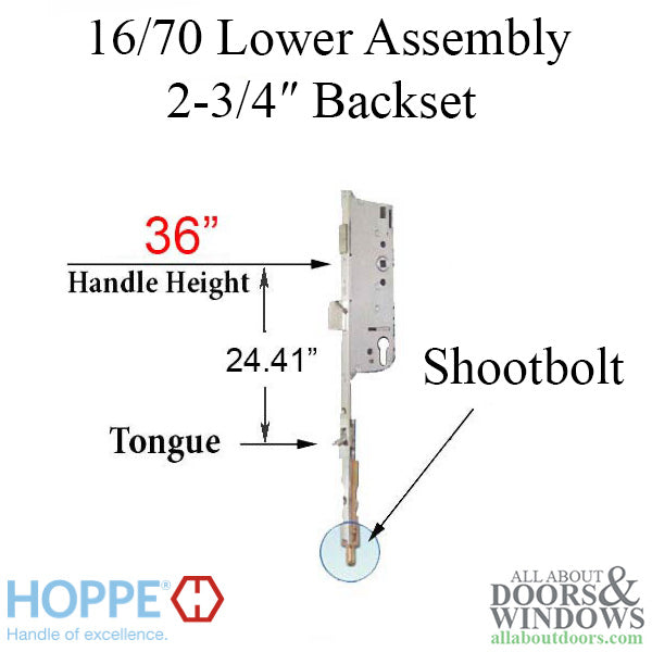 Hoppe Multipoint Lower Extension with Tongue and Shootbolt – 70mm Backset, 36" Handle Height, 24.41" Tongue