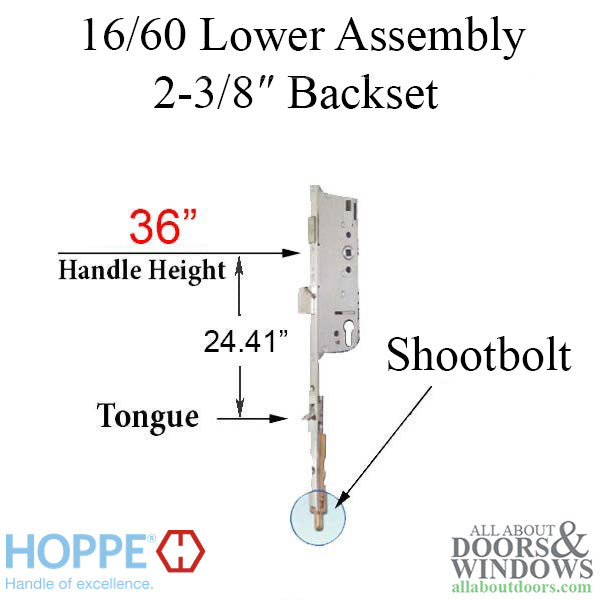 Hoppe Multipoint Lower Extension with Tongue and Shootbolt – 60mm Backset, 92mm PZ, 36" Handle Height, 24.41" Tongue