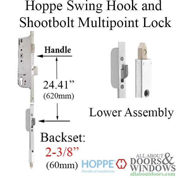 Hoppe Multipoint Lower Extension with Swing Hook and Shootbolt – 60mm Backset, 36" Handle Height, 24.41" Hook Position
