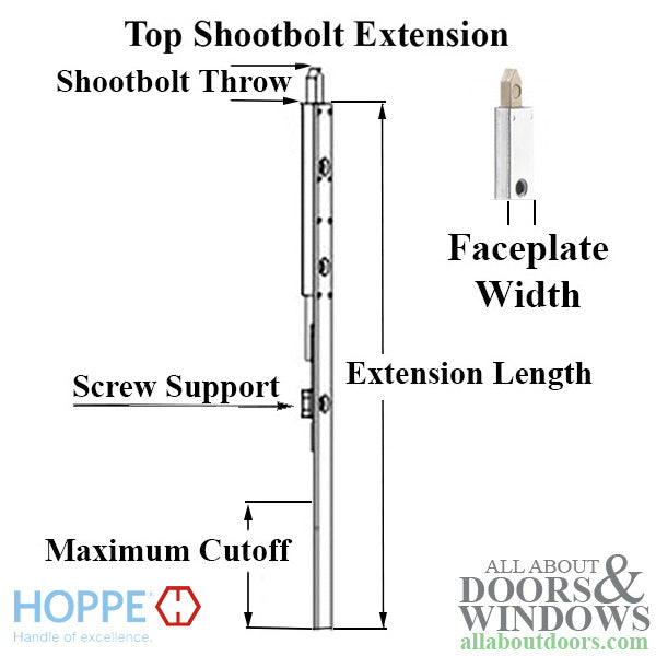 Hoppe Top Shootbolt Extension for HLS9000 – 16mm Faceplate, 15-3/4" Length