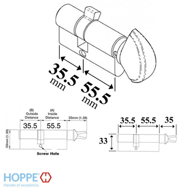 Hoppe Euro Profile Cylinder with Crescent Knob – 55.5/35.5mm, Schlage Keyway
