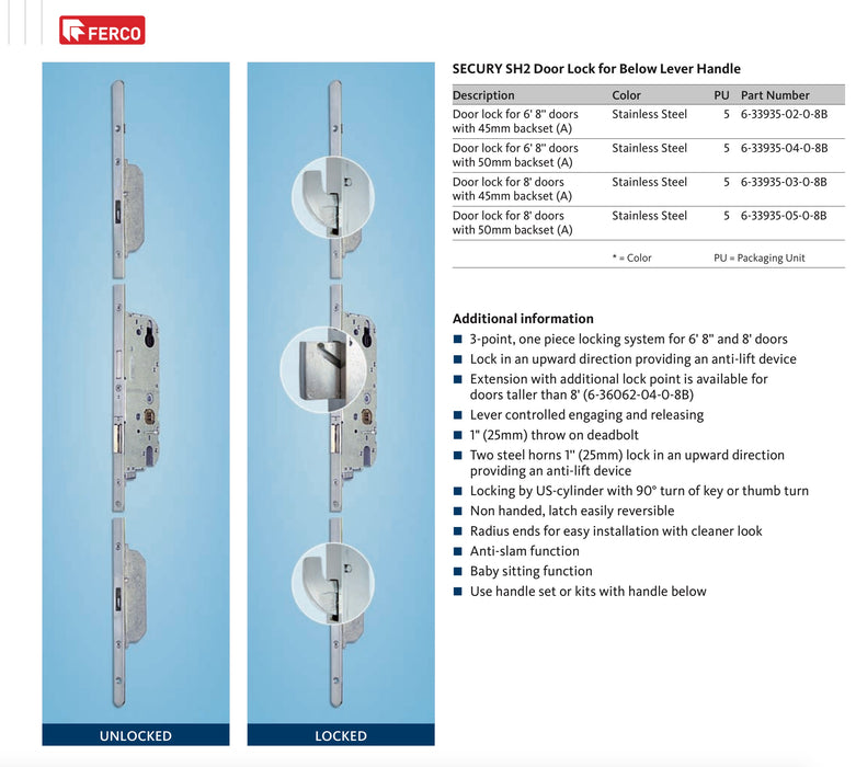 GU Ferco Secury SH2 Multipoint Lock for 8' Doors – 45mm Backset, 92mm PZ, Stainless Steel