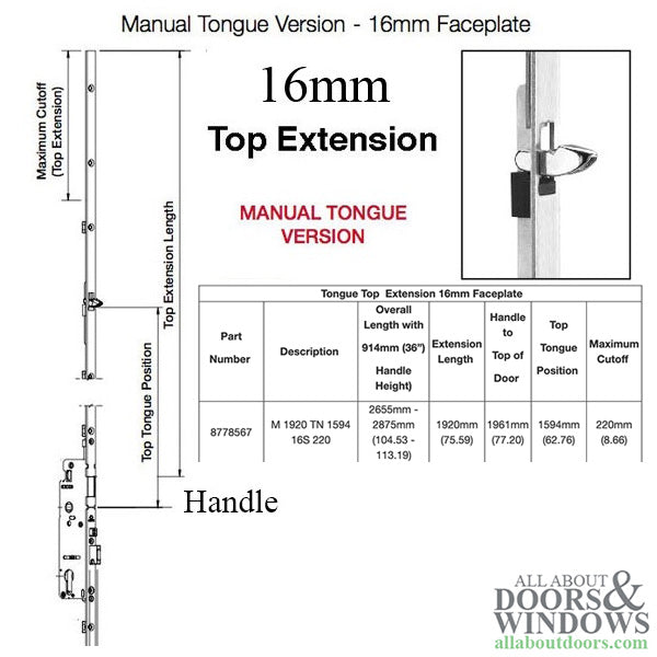 Hoppe Manual Top Extension – 16mm Faceplate, 75.59" Length, 62.76" Tongue