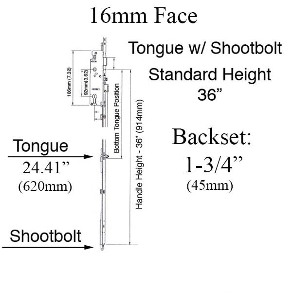 Hoppe Multipoint Lower Extension with Tongue and Shootbolt – 45mm Backset, 92mm PZ, 36" Handle Height, 24.41" Tongue
