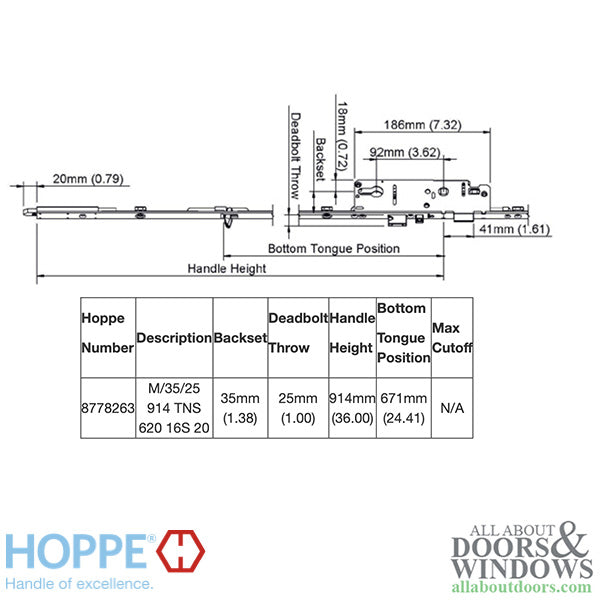 Hoppe Multipoint Lower Extension with Tongue and Shootbolt – 35mm Backset, 92mm PZ, 36" Handle Height, 24.41" Tongue