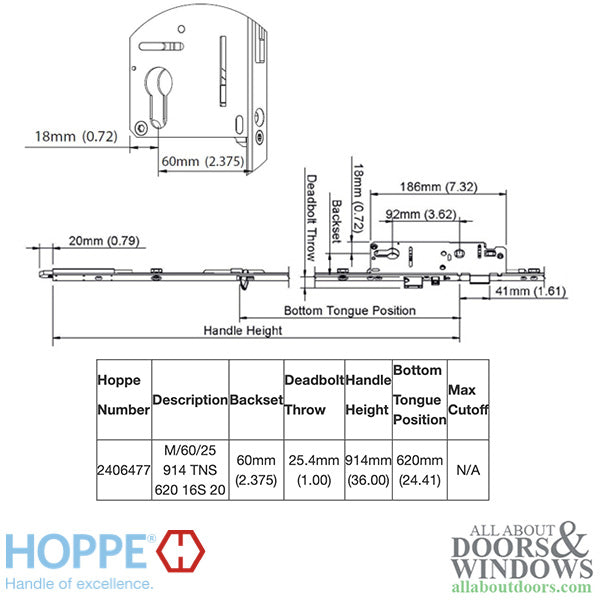 Hoppe Multipoint Lower Extension with Tongue and Shootbolt – 60mm Backset, 92mm PZ, 36" Handle Height, 24.41" Tongue