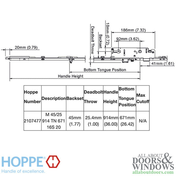 Hoppe Multipoint Lower Extension with Tongue and Shootbolt – 45mm Backset, 92mm PZ, 36" Handle Height, 26.42" Tongue
