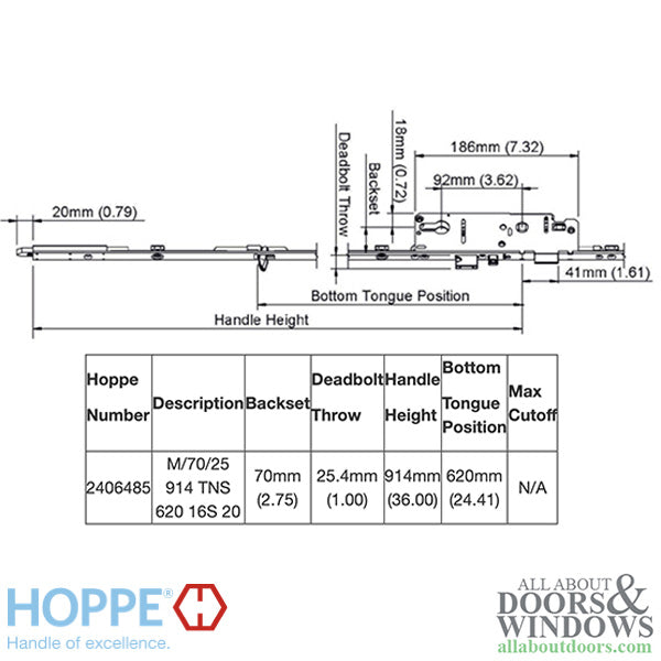 Hoppe Multipoint Lower Extension with Tongue and Shootbolt – 70mm Backset, 36" Handle Height, 24.41" Tongue