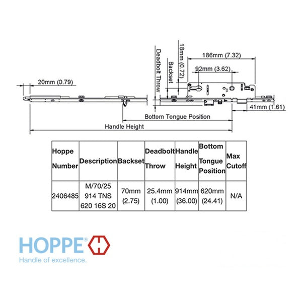 Hoppe Multipoint Lower Extension with Tongue and Shootbolt – 70mm Backset, 36" Handle Height, 24.41" Tongue