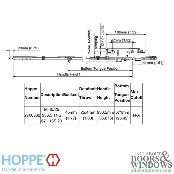 Hoppe HLS9000 Bottom Gear with Tongue and Shootbolt – 45mm Backset, 16mm Faceplate, 36-7/8" Handle Height