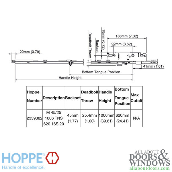 Hoppe Multipoint Lower Extension with Tongue and Shootbolt – 45mm Backset, 92mm PZ, 39-5/8" Handle Height