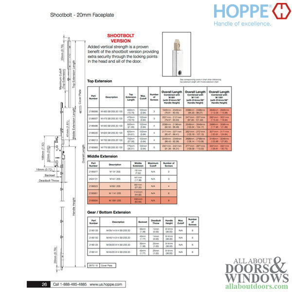 Hoppe Bottom Gear Assembly – 45mm Backset, 20mm Faceplate, Manual Shootbolt