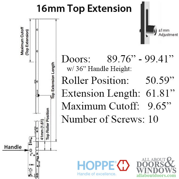 Hoppe HLS9000 Top Extension for 2-Roller Multipoint Lock – 16mm Faceplate, 61.81" Length