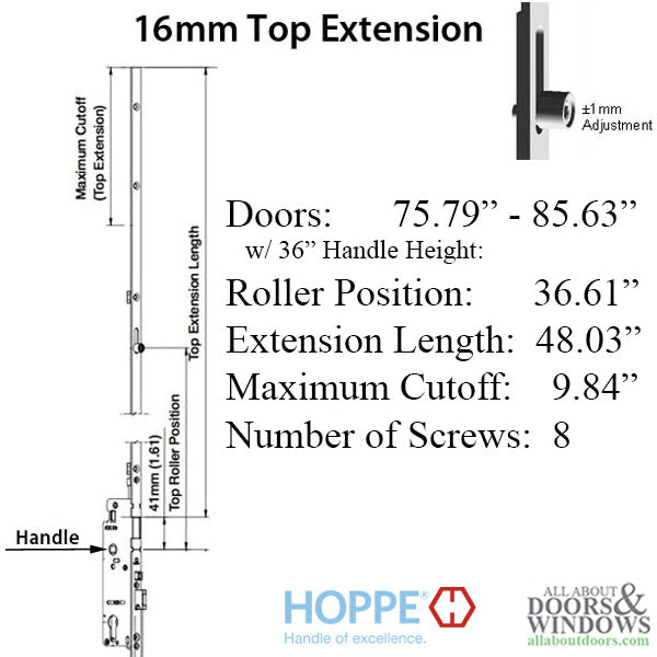 Hoppe HLS9000 Upper Extension for Two Roller Multipoint Lock – 48.03" Length, 16mm Faceplate