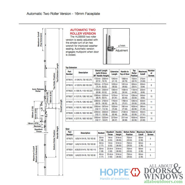 Hoppe HLS9000 Bottom Gear – Roller Version, Automatic Locking, 45mm Backset