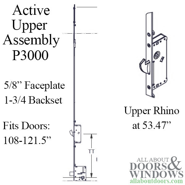 P3000 Active Upper Assembly with Gear – 45mm Backset, Rhino Hook at 53.47", for 108-121.5" Doors