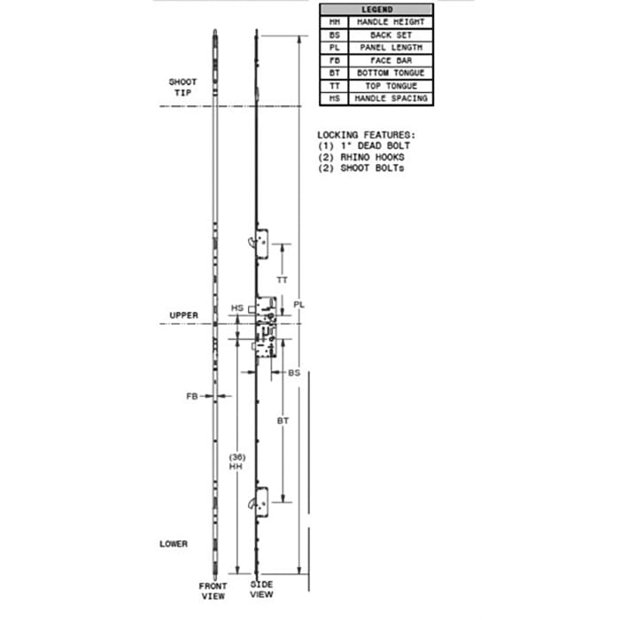 P3000 Active Upper Assembly with Gear – 45mm Backset, Rhino Hook at 53.47", for 108-121.5" Doors