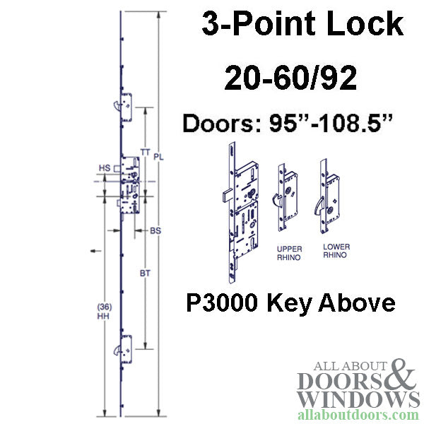 P3000 Active Rhino Lock Upper Assembly – 60mm Backset, 92mm PZ, 95-108.5" Door Height