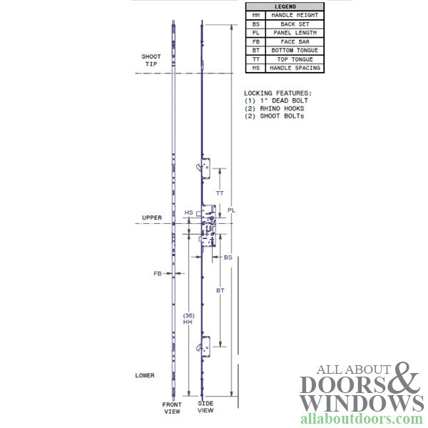 Amesbury P3000 Multipoint Lock Gear – 45mm Backset, 92mm PZ, 36" Handle Height