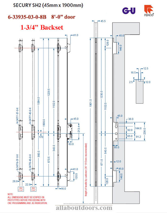 GU Ferco Secury SH2 Multipoint Lock for 8' Doors – 45mm Backset, 92mm PZ, Stainless Steel