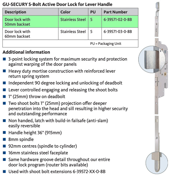 GU S-Bolt Multipoint Lock with Shootbolts – 50mm Backset, 92mm PZ
