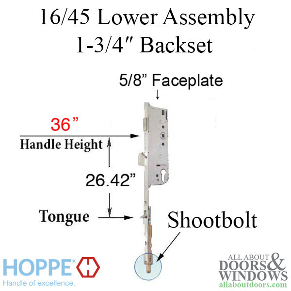 Hoppe Multipoint Lower Extension with Tongue and Shootbolt – 45mm Backset, 92mm PZ, 36" Handle Height, 26.42" Tongue