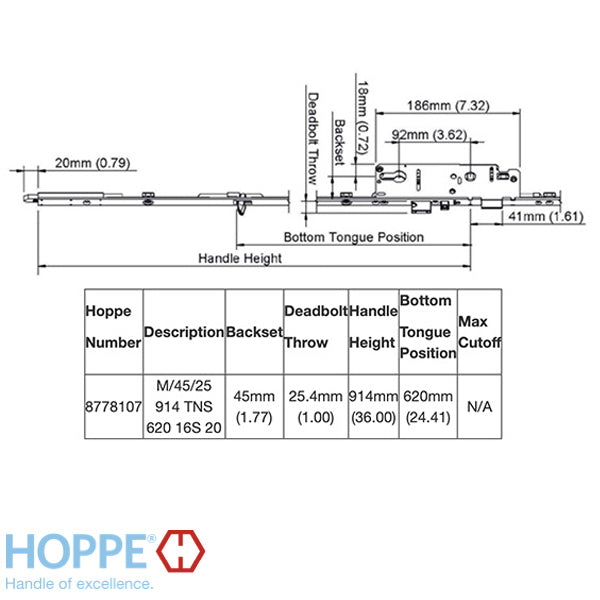 Hoppe Multipoint Lower Extension with Tongue and Shootbolt – 45mm Backset, 92mm PZ, 36" Handle Height, 24.41" Tongue