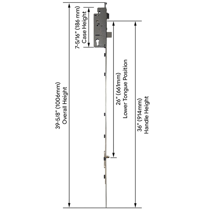 Hoppe Multipoint Lower Extension with Tongue – 45mm Backset, 92mm PZ, 36" Handle Height, 26.42" Tongue