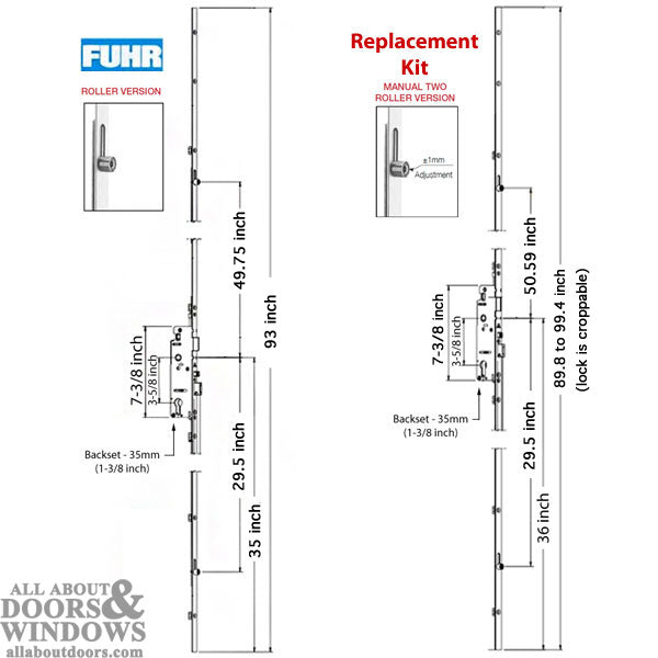 Hoppe Multipoint Lock Replacement Kit for FUHR 93" Doors – 35mm Backset, 92mm PZ, Two Roller