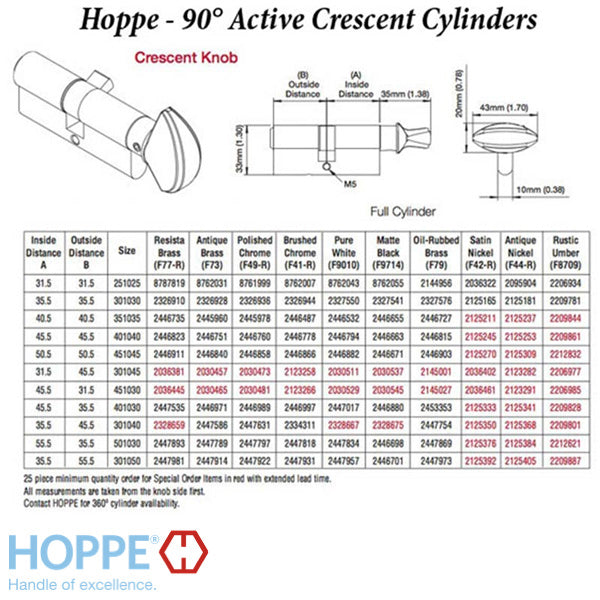 Hoppe 90-Degree Profile Cylinder with Crescent Knob – 40.5mm/40.5mm