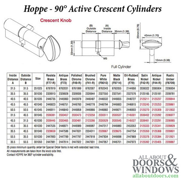 Hoppe 90° Profile Cylinder with Crescent Knob – 31.5/31.5mm, Schlage Keyway