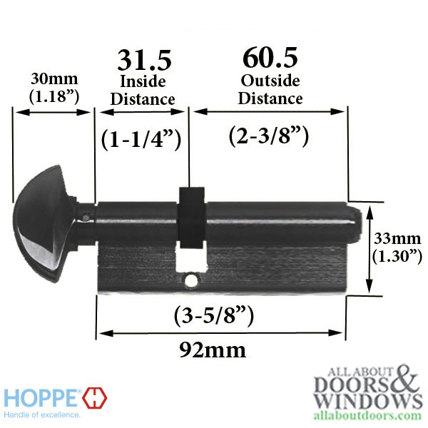 Hoppe Keyed Profile Cylinder with Crescent Knob – 92mm Overall, Rustic Umber