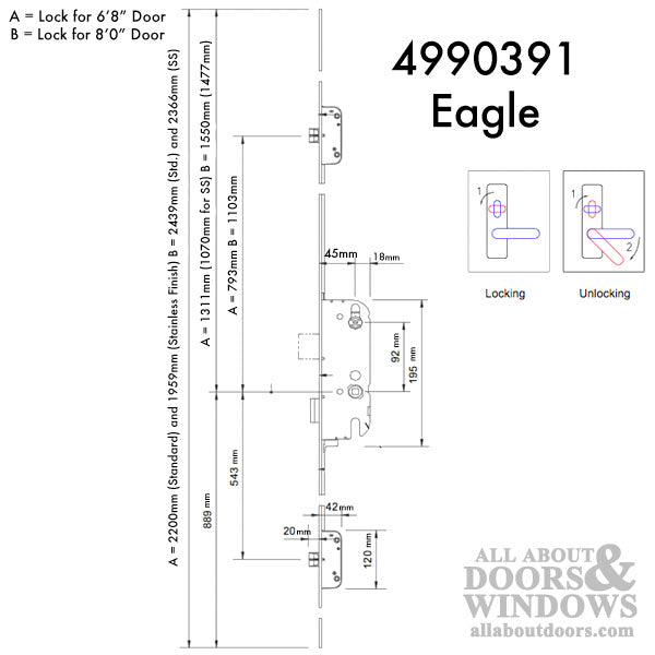 GU Eagle New Breed Multipoint Lock Kit for 8' Doors – 45mm Backset, 92mm PZ, Stainless Steel