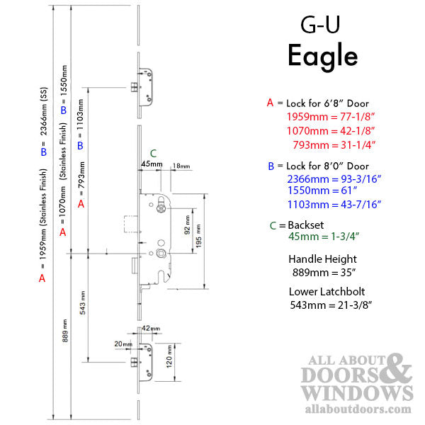 GU Eagle New Breed Multipoint Lock Kit for 8' Doors – 45mm Backset, 92mm PZ, Stainless Steel