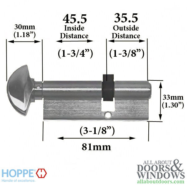 Hoppe 90-Degree Keyed Profile Cylinder with Crescent Knob – 45.5mm Inside, 35.5mm Outside