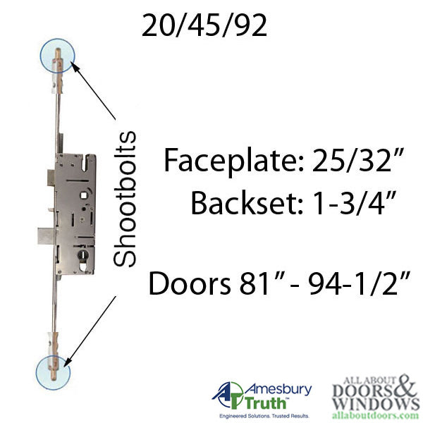 Amesbury P2000 Multipoint Lock Kit for 81" to 94-1/2" Doors – 45mm Backset, 92mm PZ, 20mm Faceplate
