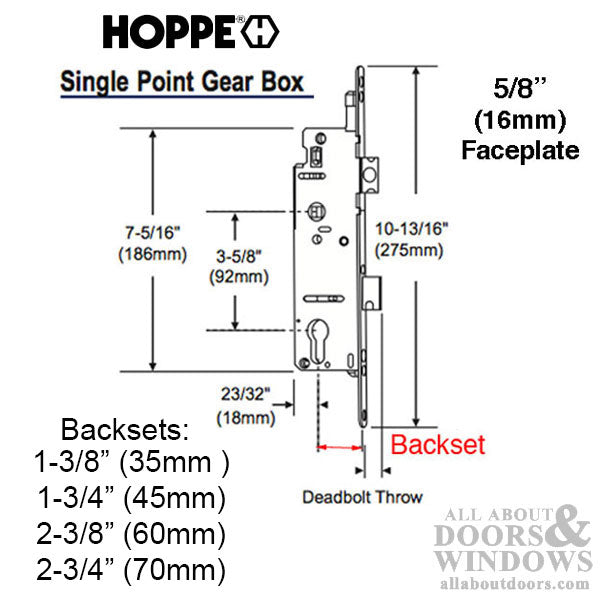 Hoppe Single Point Mortise Lock – 60mm Backset, 92mm PZ, 1" Deadbolt
