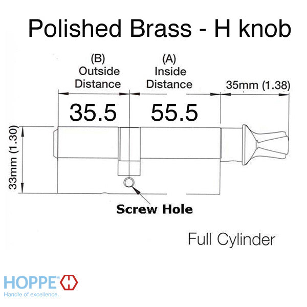 Hoppe Euro Profile Cylinder with Round H-Knob – 55.5/35.5mm, Polished Brass