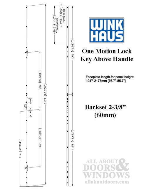 Winkhaus One Motion Multipoint Lock – 60mm Backset, 92mm PZ, 36" Handle Height
