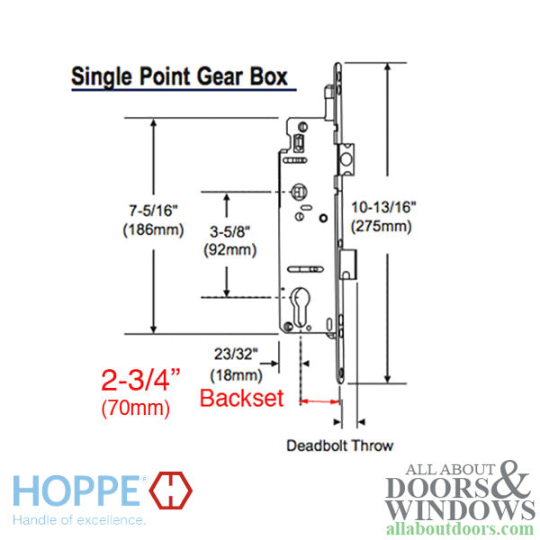 Hoppe Single Point Mortise Lock – 70mm Backset, 92mm PZ, 1" Deadbolt
