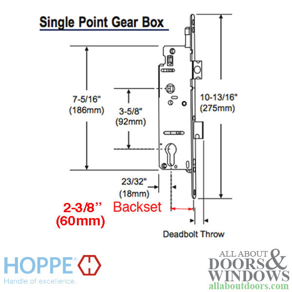 Hoppe Single Point Mortise Lock – 60mm Backset, 92mm PZ, 1" Deadbolt
