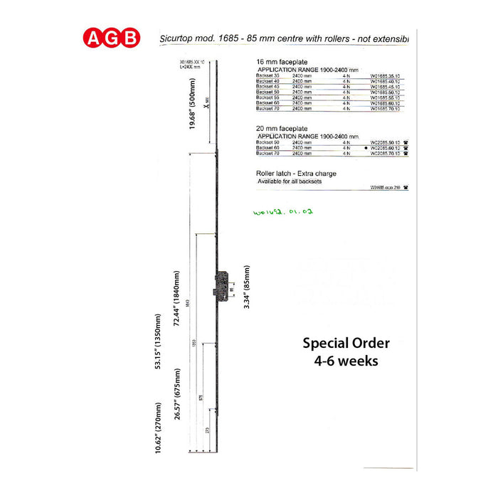 AGB 4-Roller Multipoint Lock – 55mm Backset, 85mm PZ