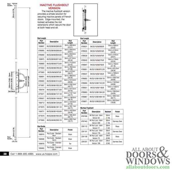 Hoppe Inactive Flushbolt for Double French Doors – 30mm Rod Backset, Polished Brass