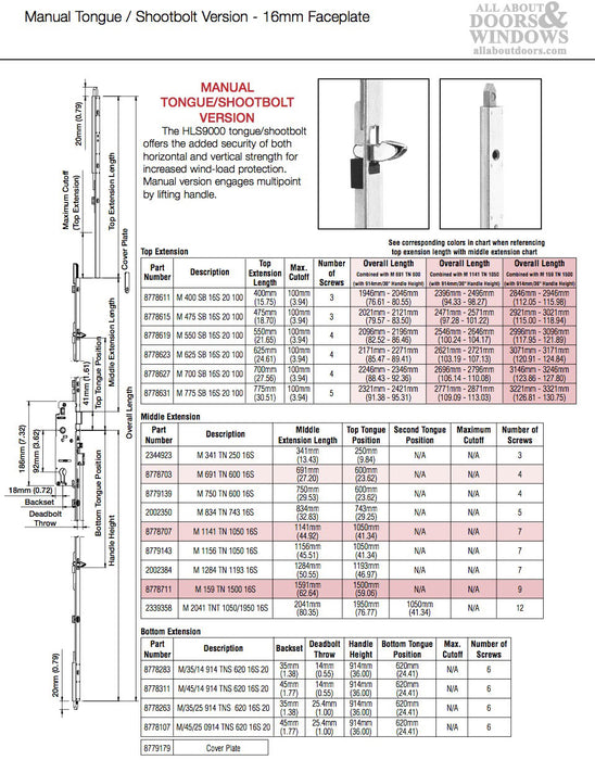 Peachtree Multipoint Lock Bottom Gear Kit for 93" Doors – 45mm Backset, 92mm PZ, 36" Handle Height