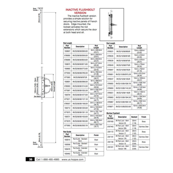 Hoppe Inactive Flushbolt for Double French Doors – 30mm Rod Backset, Brushed Stainless