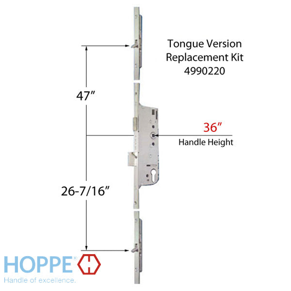 Hoppe Multipoint Lock Replacement Kit for 93" Doors – 45mm Backset, 92mm PZ, Tongue Version